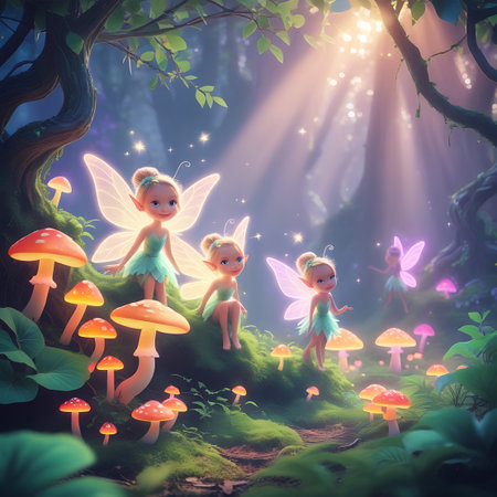 A magical forest glade bathed in ethereal light filtering through the trees. Several small fairies with glowing wings are scattered among large, luminous mushrooms with red and orange caps. The ground is covered in lush green moss, and the atmosphere is enchanting and dreamlike, with sparkling lights adding to the mystical ambiance.の素材