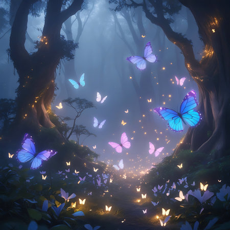 A tranquil and mystical forest at night, enveloped in a gentle mist. The scene is illuminated by soft, warm lights scattered along a path and twinkling on tree branches. Numerous butterflies in shades of blue, purple, and pink flutter gracefully through the air, creating a serene and enchanting, otherworldly atmosphere.の素材