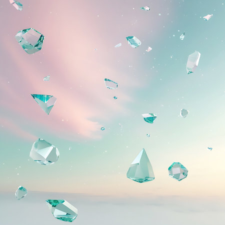 A collection of translucent, geometric crystals in various shapes and sizes float against a soft pastel sky. The sky transitions from pale pink to a gentle teal, with subtle streaks of clouds and scattered white specks that resemble stars. The crystals are primarily in shades of clear, teal, and light blue, catching and reflecting the ambient light. The composition is abstract and dreamlike, evoking a sense of wonder and tranquility.の素材
