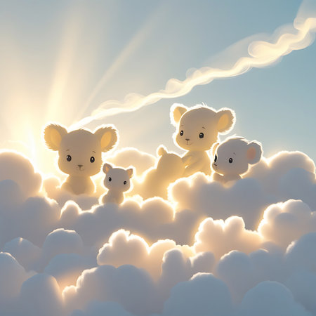 A family of four adorable cartoon bears, including two adults and two cubs, are nestled amongst soft, fluffy white clouds. Bright sunlight streams down from the sky, backlighting the bears and highlighting their fuzzy ears and gentle expressions. The sky is a clear blue with delicate, wispy clouds.の素材
