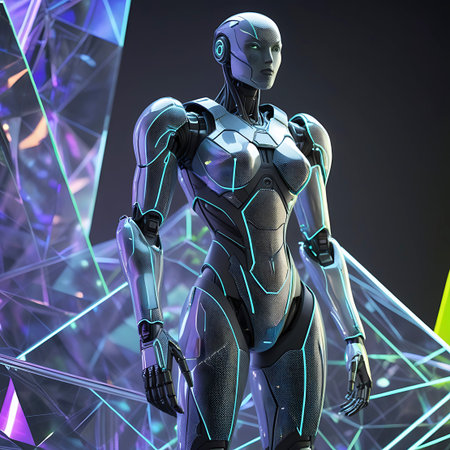 A close-up to mid-body view of a female-form android with a silver and black metallic body. Cyan neon lines illuminate the intricate design of its suit, emphasizing its curves and segmented plating. The android has a smooth, stylized head with subtle glowing accents. It stands within a dark, futuristic environment featuring large, multifaceted crystalline structures that emit colorful neon light in shades of purple, blue, and green.の素材
