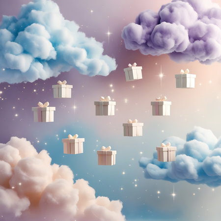 Several small, pastel-colored gift boxes with bows are floating in a dreamlike sky. The boxes are arranged in a scattered pattern. They are surrounded by soft, fluffy clouds in shades of light blue, lavender, and pink. The sky is a gradient of soft blue and pink, dotted with sparkling stars and glitter, creating a magical and celebratory atmosphere.の素材