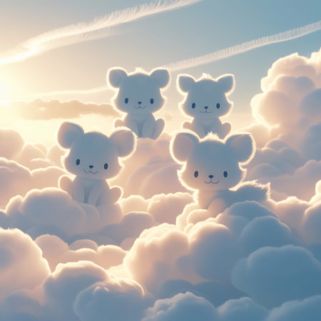 Four incredibly cute, fluffy white cartoon bears are depicted sitting comfortably on soft, puffy clouds. The bears have round ears and sweet, smiling faces, exuding an aura of innocence and joy. They are bathed in the warm, bright light of a sunny sky, with wispy clouds and streaks of light adding to the whimsical and dreamlike atmosphere. The overall impression is one of gentle charm and delightful happiness.の素材