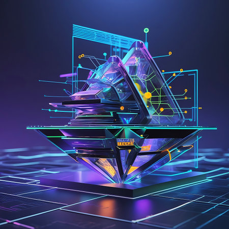 A complex, multi-faceted geometric structure composed of translucent, crystalline materials and dark, reflective surfaces. It is illuminated by vibrant neon lights in shades of blue, purple, and green, with glowing orange nodes and connecting lines that resemble a digital circuit board or network. The structure appears to float above a glowing grid pattern on a dark, atmospheric background.の素材