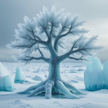 A solitary tree stands frozen in a vast, snow-covered landscape. Its branches and trunk are encrusted with intricate ice formations, resembling delicate frost patterns. Surrounding the tree are sculpted ice formations and mounds of snow, bathed in the soft, cool light of an overcast sky. The roots of the tree are also encased in ice, anchoring it firmly to the frozen ground.の素材