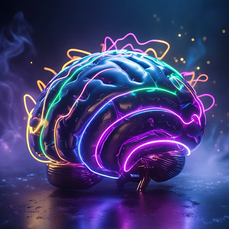 This image features a sculpted human brain illuminated by a vibrant array of neon light trails in green, blue, pink, and yellow. The intricate lines wrap around the brain's form, creating a visually striking representation of thought, intelligence, or advanced technology. The dark, moody background with wisps of smoke and scattered light particles adds to the futuristic and abstract aesthetic.の素材