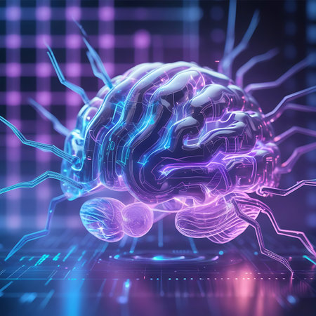 A translucent, glowing brain model is depicted with intricate internal circuitry and external neural-like tendrils. The brain is illuminated with vibrant neon blues and purples, set against a blurred background of digital grids and lights. This abstract representation symbolizes artificial intelligence, advanced technology, and the complex nature of the human mind or a sophisticated computer system.の素材