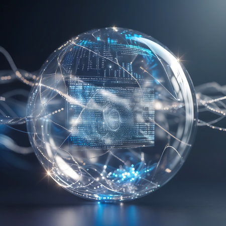 A transparent sphere encloses intricate blue circuitry and glowing data streams. Lines of light emanate from the sphere, creating a sense of dynamic energy and interconnectedness. The background is dark and blurred, emphasizing the luminous details within the sphere.の素材