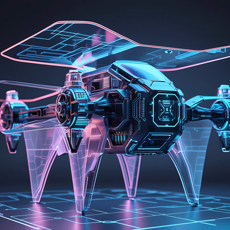 A highly detailed, futuristic drone with transparent, glowing blue and pink components is showcased against a dark background with a digital circuit board overlay. The drone features four rotors, a central body with intricate mechanical details, and a transparent canopy. The lighting emphasizes its advanced technological design and ethereal glow.の素材