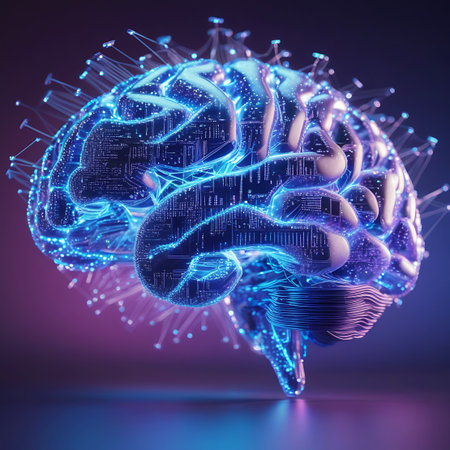 A stylized, digital representation of a human brain illuminated with vibrant blue and purple light. Intricate circuit patterns and glowing lines form the brain's structure, with numerous small lights and tendrils extending outwards, suggesting neural connections and data processing. The background is a gradient of purple and blue.の素材