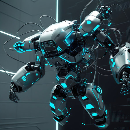 A full-body view of a futuristic robot with a sleek, metallic silver body is shown. Bright blue lights glow from various panels and joints, highlighting the intricate mechanical design. Some internal components and wiring are visible, adding to the complex aesthetic. The robot is posed dynamically, with its arms extended. The background is dark and slightly blurred, with vertical lines and subtle digital patterns.の素材