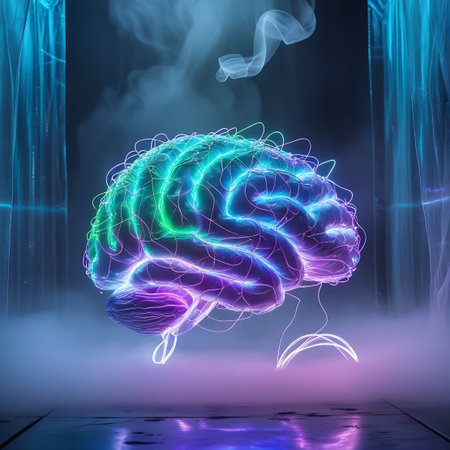 A vibrant, neon-lit representation of a human brain is depicted with intricate glowing circuits and lines in shades of green, blue, and purple. The form is surrounded by a soft haze or fog, contributing to a mysterious and futuristic atmosphere. The brain appears suspended in a dark, atmospheric environment with subtle reflections on the surface below.の素材