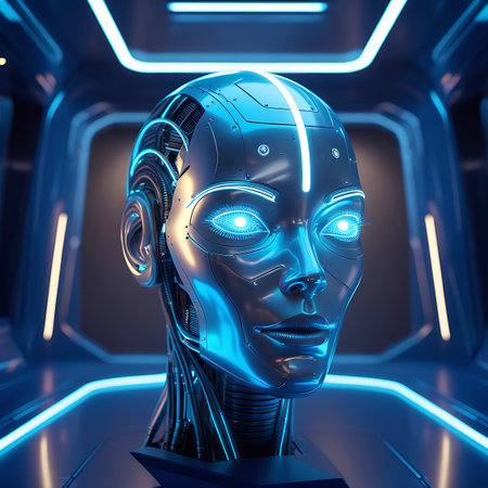A close-up, detailed view of a futuristic robot head with glowing blue eyes. The head is made of polished metallic material with visible circuitry and wires. The background features a dark, futuristic environment with glowing blue neon lines and geometric shapes, suggesting a high-tech setting.の素材