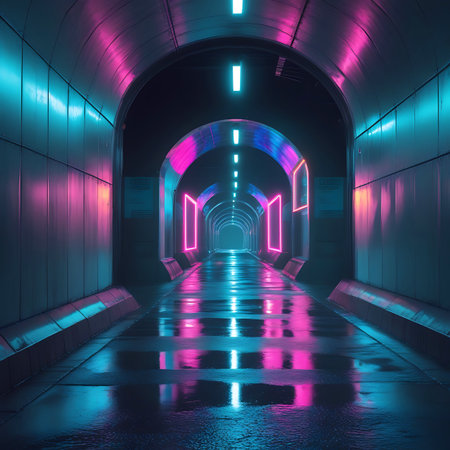 A long, arched tunnel stretches into the distance, its floor covered in puddles that reflect the vibrant cyan and magenta neon lights. The walls are textured, and the ceiling features repeating arches. Geometric neon frames are embedded in the walls along the corridor, adding to the futuristic and cybernetic feel of the scene.の素材