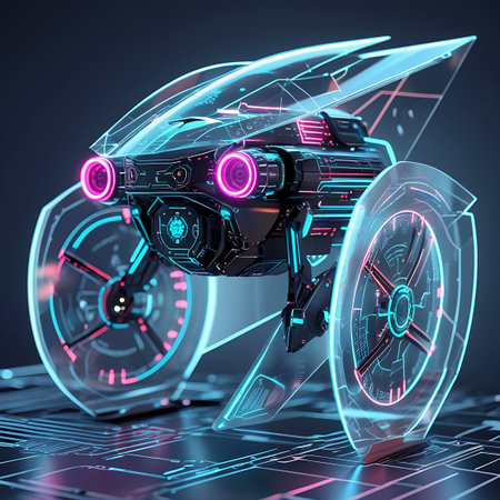 A futuristic vehicle with transparent, wing-like structures and large, circular transparent elements is presented on a surface resembling a circuit board. The vehicle's dark body is accented with bright neon pink and blue lights, particularly around the headlights and internal components. The transparent parts reveal intricate digital patterns.の素材