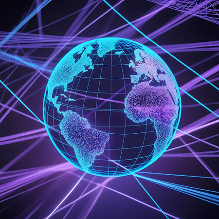 A luminous wireframe globe representing the Earth, with continents clearly defined by blue grid lines. The sphere is surrounded by a dynamic and intricate network of glowing lines, primarily in shades of purple and blue, radiating outwards. The lighting creates a sense of depth and energy, highlighting the interconnectedness of the planet. The dark background accentuates the neon glow of the network, evoking themes of global technology and digital communication.の素材