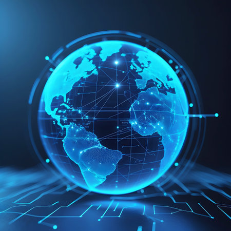 A luminous blue digital representation of the Earth is depicted, with continents highlighted by glowing dots and interconnected by a web of fine lines. Numerous small, bright blue points of light are scattered across the globe, suggesting data nodes or connections. The globe is set against a dark background, with abstract, glowing lines and shapes forming a digital landscape below.の素材