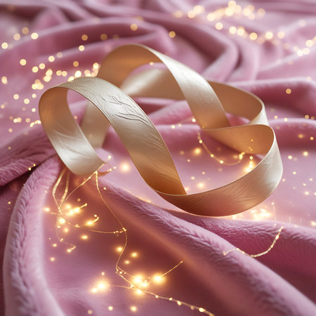 This image presents a close-up of a gold ribbon featuring an embossed design, artfully draped on a soft pink textured fabric. The scene is enhanced by scattered warm, golden lights that create a beautiful bokeh effect, suggesting a festive or celebratory mood. The focus is on the ribbon and fabric, with a blurred background.の素材