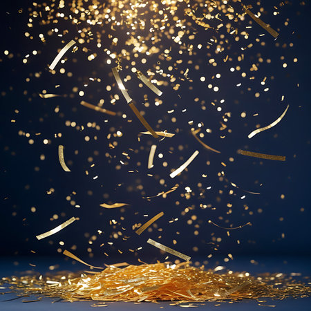 A dark blue background with a bright, overhead light source illuminating a cascade of golden confetti and thin, elongated streamers. The particles and strips are falling downwards, creating a festive and celebratory atmosphere, with a pile of accumulated gold confetti at the bottom.の素材