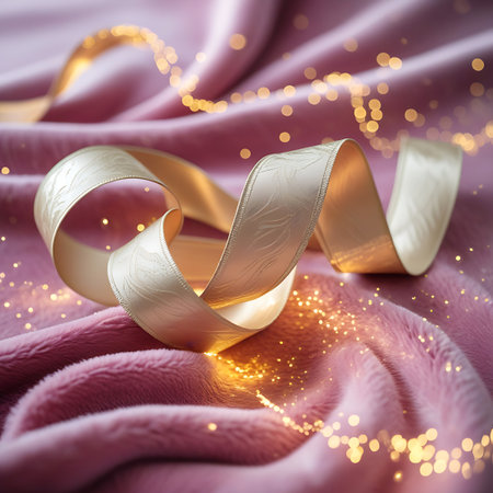 This image showcases a detailed view of a golden ribbon with a delicate floral embossing. It rests on a soft, textured pink fabric. The scene is illuminated by a multitude of small, warm, golden lights that create a bokeh effect, adding a sense of celebration and magic. The focus is sharp on the ribbon and fabric, with the background softly blurred.の素材