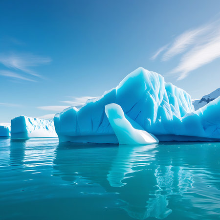 A prominent blue iceberg, characterized by a distinctive curved edge, rests in the still, turquoise waters of the ocean. Its icy structure is illuminated, showcasing shades of blue and white. The water's surface is calm, mirroring the iceberg and the bright blue sky above, which features delicate, streaky clouds. The scene evokes a sense of peaceful isolation in a cold, natural environment.の素材