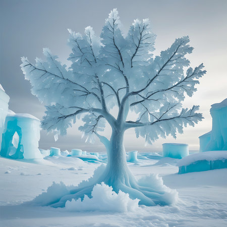 A surreal and ethereal scene of a tree completely encased in ice. The tree's branches and roots are intricately formed from ice, appearing delicate and crystalline. It stands in a vast, snowy landscape dotted with various blue and white ice formations resembling icebergs or ice caves. The sky is overcast and pale.の素材