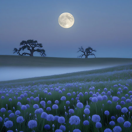 A luminous full moon dominates the dark blue night sky over a tranquil landscape. A vast field of round, purple allium flowers stretches across the foreground, interspersed with green grass. In the mid-ground, a gentle mist blankets the rolling hills, partially obscuring the silhouettes of two large oak trees. The scene is serene and dreamlike.の素材