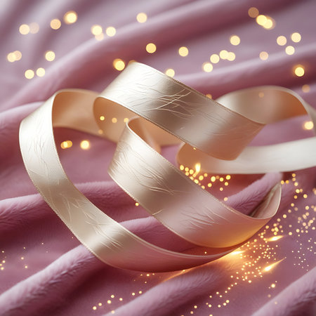 A dynamic composition of a gold ribbon with an embossed pattern, intricately intertwined and looped. It is set against a soft pink fabric background. Numerous small, warm, golden lights create a bokeh effect, casting a magical glow. The image has a soft focus in the background, highlighting the detailed texture of the ribbon and fabric.の素材