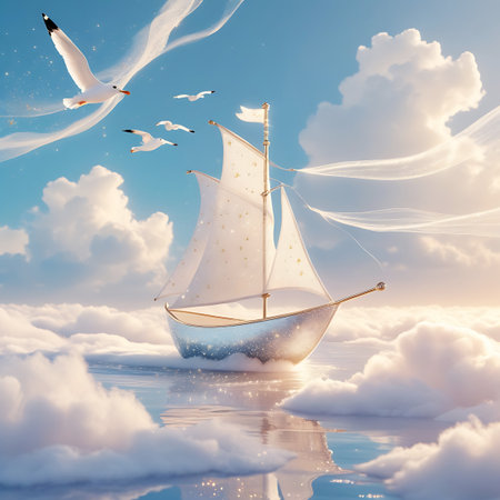 A fantastical scene depicts a small, ornate sailboat with white sails adorned with golden stars, gliding across a calm, reflective surface that resembles water but is surrounded by soft, fluffy clouds. Several seagulls are in flight around the boat, adding a sense of movement and life. The sky is a gradient of soft blues and yellows, with wispy clouds and gentle light creating an ethereal and dreamlike atmosphere.の素材