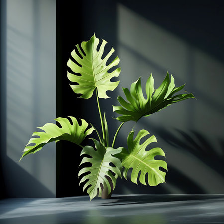This image displays a lush green Monstera plant with its characteristic split leaves. The plant is positioned in a studio setting with a dark grey background, illuminated by soft lighting that creates subtle shadows. The composition focuses on the vibrant color and intricate patterns of the foliage, offering a clean and elegant representation of this popular houseplant.の素材