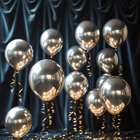 A large group of silver metallic balloons, adorned with golden curling ribbons, are arranged against a dark, draped fabric backdrop. Scattered golden confetti lies on the fabric surface below. The balloons are highly reflective, creating a sense of depth and luxury.の素材