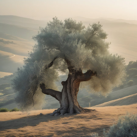 A majestic ancient olive tree dominates the frame, its thick, gnarled trunk and exposed root system anchoring it to a grassy hill. The tree's branches are adorned with abundant, silvery-green foliage. The surrounding landscape consists of dry, golden grass and sparse vegetation. In the distance, soft, rolling hills are bathed in the warm, diffused light of the golden hour, creating a serene and peaceful atmosphere.の素材