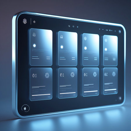 A modern digital interface is displayed on a device with a polished metallic frame. The screen showcases a layout of card-like UI elements, each with a glowing blue hue and subtle icons. Some cards display lock symbols, while others show numerical data or abstract graphics. The interface has a clean, organized appearance, suggesting a system for managing information or applications. The background is a soft gradient of dark blue and purple.の素材