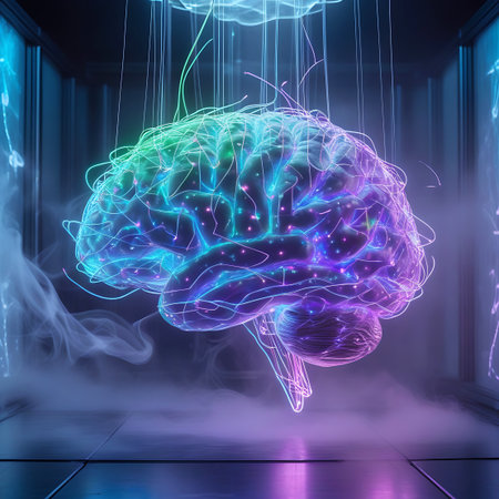 A luminous, neon-sculpted human brain is suspended by thin wires, emitting vibrant green, blue, and purple light. Intricate glowing lines trace the brain's structure, suggesting neural pathways. Wisps of smoke curl around the form, creating an ethereal and futuristic atmosphere within a dark, studio-like environment with reflective surfaces.の素材