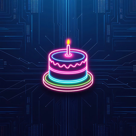 A single-tiered birthday cake is outlined in neon lights, with pink frosting and cyan trim. A single yellow candle burns on top. The cake sits on a circular pink and cyan neon stand. The background is a dark blue abstract circuit board pattern with glowing lines.の素材