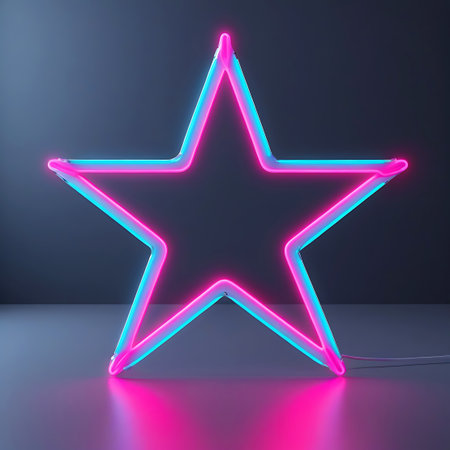 A five-pointed star outline is lit with bright pink and cyan neon lights. The neon tube has a smooth, continuous form with rounded corners. The star is placed on a light-colored surface, and a white power cord is visible extending from the bottom right of the star. The background is a dark, textured wall. The floor reflects the pink and blue light, creating a colorful glow.の素材