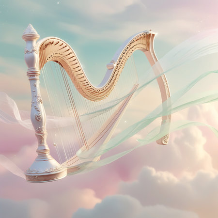 An ornate, white harp with gold accents floats serenely amidst soft, pastel-colored clouds and a gentle sky. Translucent mint green ribbons stream around the instrument, adding to the ethereal and dreamlike atmosphere. The image evokes a sense of magic, music, and celestial beauty.の素材