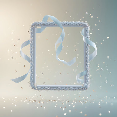 A square frame with a twisted, rope-like edge is decorated with small pearls and beads at its corners. A pale blue silk ribbon is loosely tied and flowing around the frame. The background is a gentle gradient of beige and blue, with soft bokeh lights. Numerous small, golden and white glitter pieces are falling, creating a magical and festive ambiance.の素材