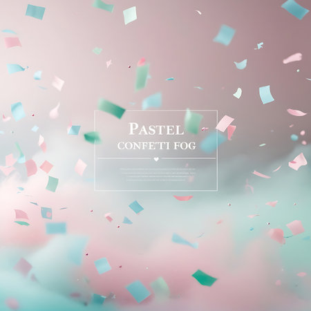 A soft-focus background filled with falling pastel-colored confetti in shades of pink, blue, and green. The confetti is blurred, creating a sense of gentle motion and an ethereal atmosphere. A white rectangular frame in the center contains the text "PASTEL CONFETTI FOG" and other subtle design elements, suggesting a celebratory or decorative theme.の素材