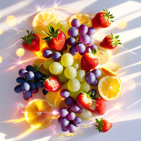 An overhead view of a vibrant assortment of fresh fruits, including bright red strawberries, clusters of purple and green grapes, and slices of oranges and lemons. The fruits are artfully arranged on a white surface, with soft, glowing light effects and bokeh adding a magical and inviting atmosphere. The composition emphasizes the natural colors and textures of the produce, suggesting a healthy and delicious selection.の素材