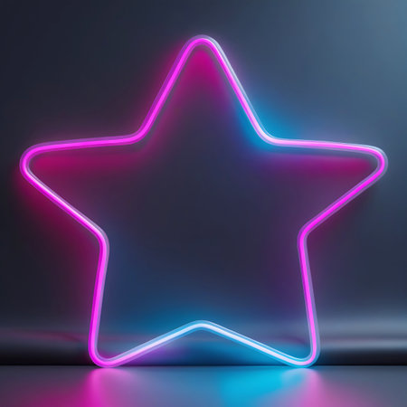 A five-pointed star outline is illuminated by vibrant pink and cyan neon lights. The neon tube forms a continuous, smooth shape with rounded corners. The star is positioned against a dark, textured background that appears to be a wall. The floor below reflects the pink and blue light, creating a luminous pool of color. The overall impression is one of modern, glowing decoration or a symbolic representation of success.の素材