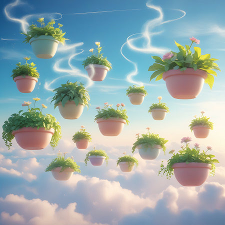 A whimsical scene of numerous potted plants with green foliage and small pink and yellow flowers floating serenely in a bright blue sky filled with soft, white clouds. The plants are suspended at various heights, some with delicate tendrils trailing downwards, creating a dreamlike and ethereal atmosphere. Wisps of white smoke or mist curl around some of the airborne planters, adding to the fantastical quality of the image.の素材