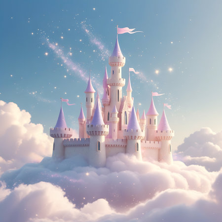 A majestic pink fairytale castle with tall spires and flags floats serenely amidst soft, fluffy clouds. The sky above is a clear blue, dotted with twinkling stars and trails of shimmering pink stardust, creating a magical and dreamlike atmosphere. The castle's architecture features multiple levels and arched windows, bathed in a soft, ethereal light.の素材
