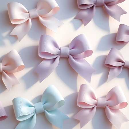Several satin bows in gentle pastel hues of pink, light purple, and pale blue are displayed against a light surface. The lighting creates soft shadows, emphasizing the folds and texture of the ribbon. The overall impression is delicate and charming.の素材