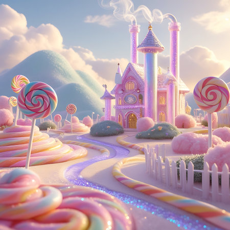 A vibrant and whimsical candy land scene featuring a pink, fairytale-like castle with tall, swirling towers. The landscape is composed of pastel-colored sweets, with rolling hills resembling frosting and paths made of candy. Large lollipop trees with colorful swirls are scattered throughout, and fluffy pink bushes add to the sweet atmosphere.の素材