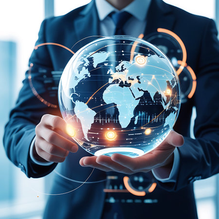 A man wearing a dark suit and tie holds a transparent, glowing globe in his hands. The globe features a world map with continents clearly visible, overlaid with a complex network of glowing lines and illuminated nodes, indicating global connections and data transfer. Orange circular graphics and abstract lines emanate from the globe and around the person, enhancing the futuristic and technological feel. The background is softly blurred, suggesting an office or modern setting.の素材