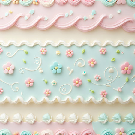 A close-up, top-down view of a decorative pattern made of pastel-colored icing. The pattern features multiple horizontal bands of piped frosting, including delicate swirls, wavy borders, and small, stylized flowers in shades of pink, blue, yellow, and white. Green leaves are interspersed among the floral elements. The background is a soft, pale blue-green.の素材