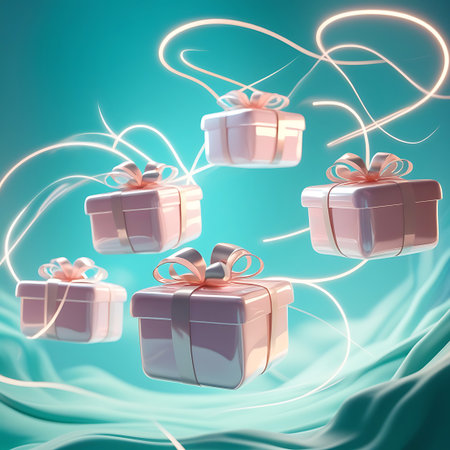 A collection of soft pink gift boxes adorned with rose gold ribbons and bows are floating in a dreamlike setting. Glowing, light pink streams weave through the scene, creating a sense of gentle motion and festive ambiance against a teal backdrop.の素材