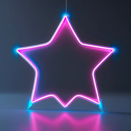 A five-pointed star is depicted as a neon outline, illuminated with vibrant pink and electric blue light. The edges of the neon tubes glow brightly, casting a soft illumination on the dark, neutral background. Small blue lights accent the points of the star, creating a modern and energetic aesthetic.の素材