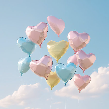 A collection of pastel-colored heart-shaped foil balloons are floating in a bright blue sky with scattered white clouds. The balloons are in shades of pink, light blue, and pale yellow, creating a soft and cheerful visual. The image evokes a sense of celebration, love, and freedom.の素材